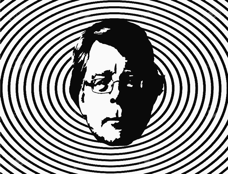Author Stephen King in front of a hypnotic swirl.